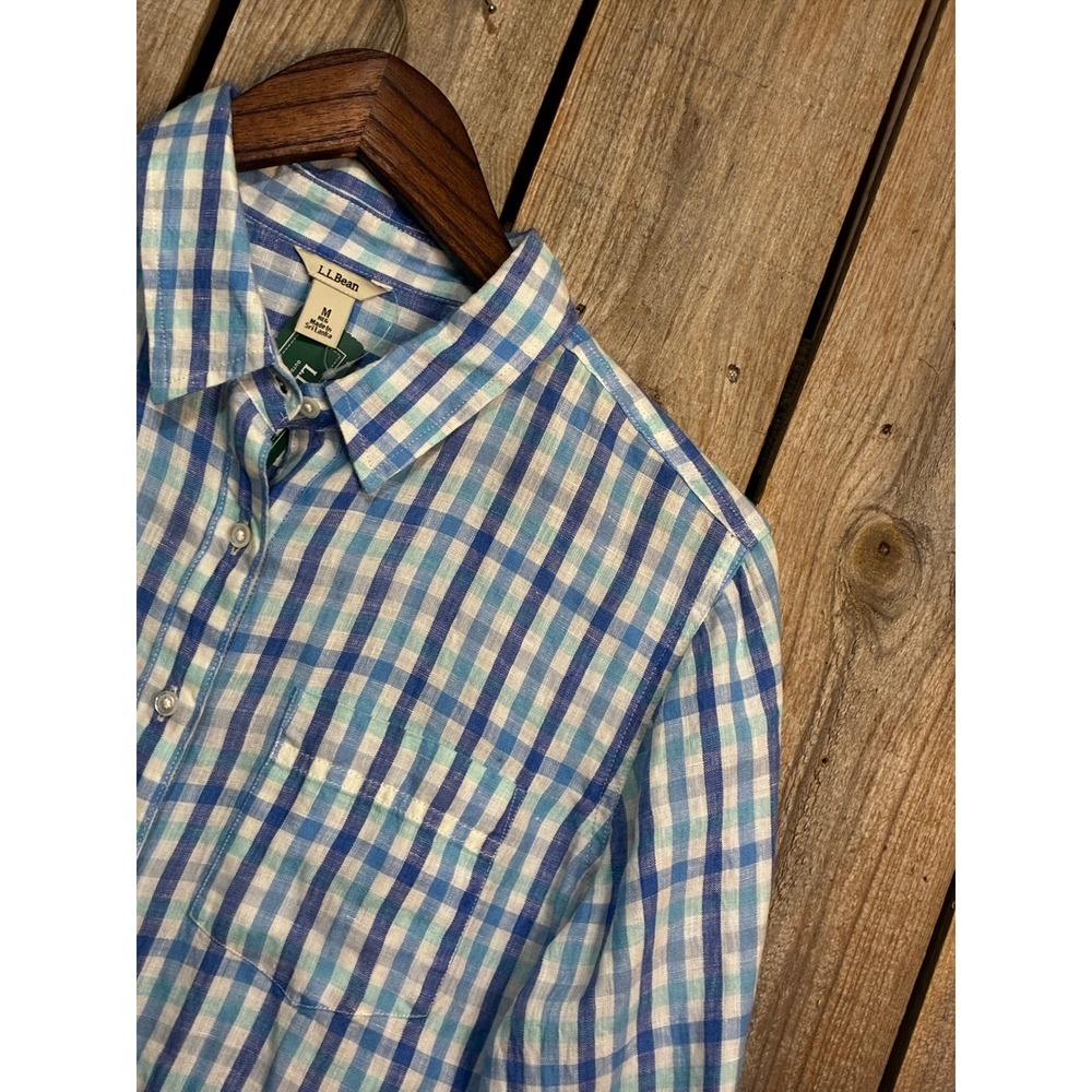 LL Bean Premium Washable Linen Shirt Tunic Aqua Teal Gingham 504355 Womens M